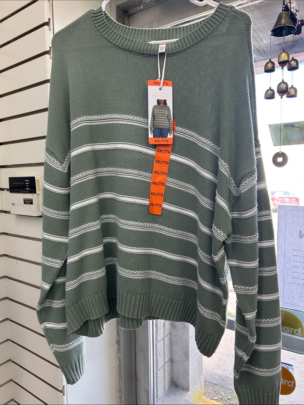 Ella Moss Green and White Striped Crewneck Sweater